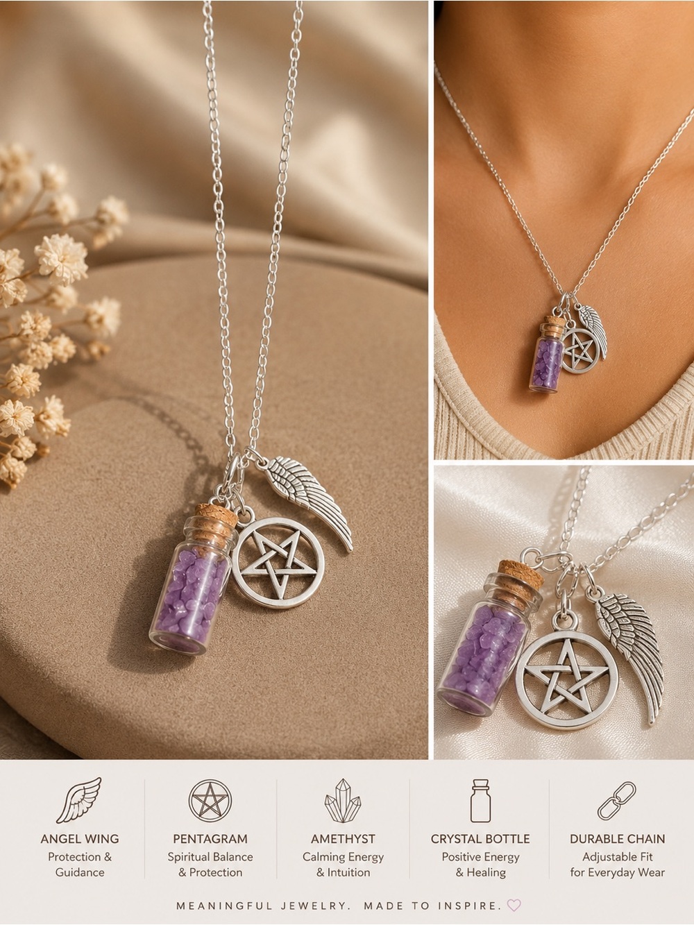 Amethyst Crystal Bottle Pendant Necklace with Wing & Pentagram Charm - Purple